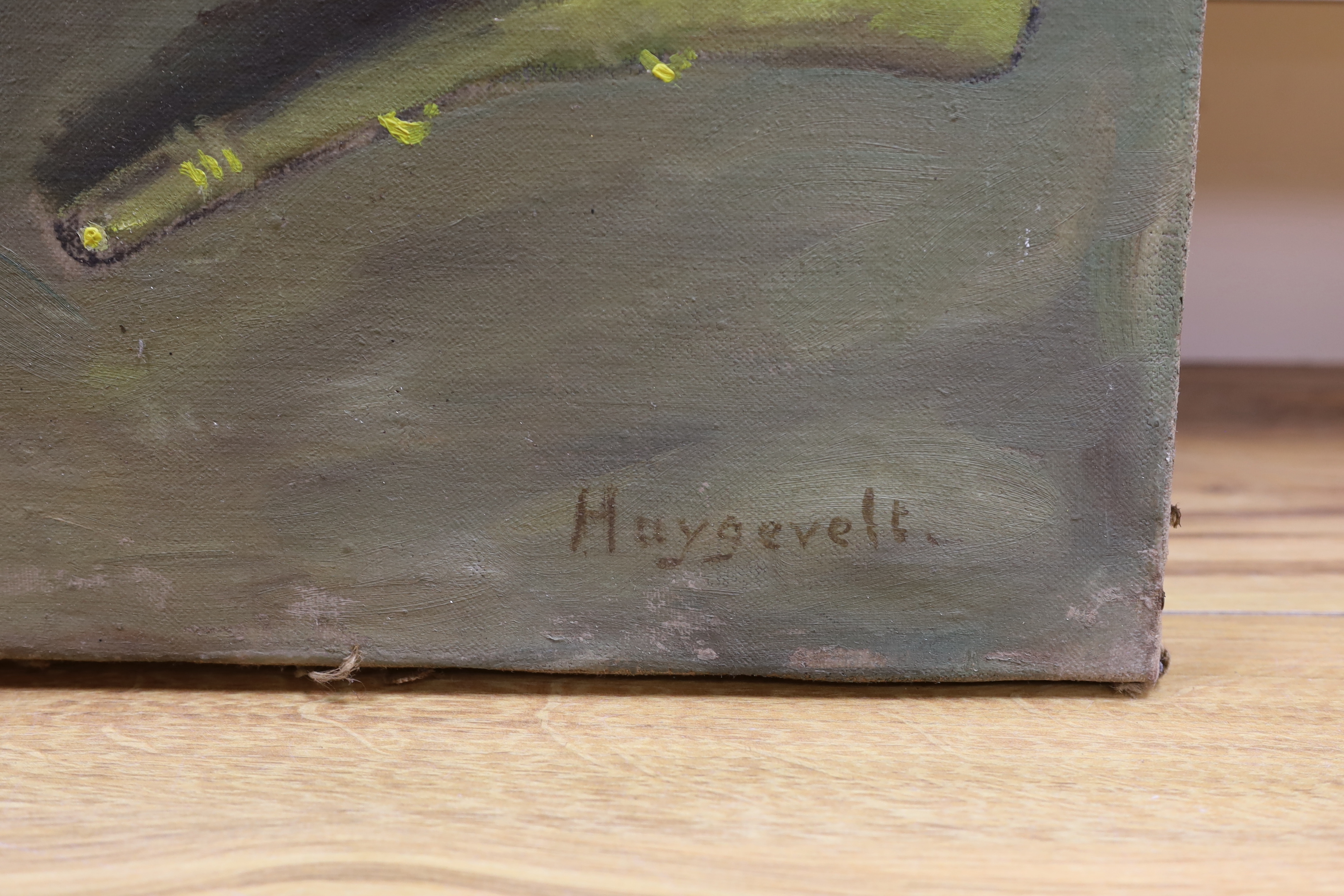 Haygevelt, oil on canvas, Still life of glass floats and brassware on a table top, signed, 50 x 60cm, unframed